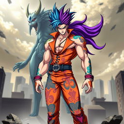 A striking original character inspired by JoJo's Bizarre Adventure, showcasing a unique and flamboyant fashion style characteristic of the series