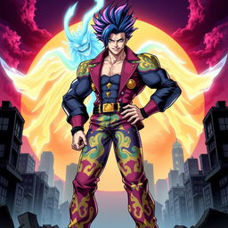 A striking original character inspired by JoJo's Bizarre Adventure, showcasing a unique and flamboyant fashion style characteristic of the series