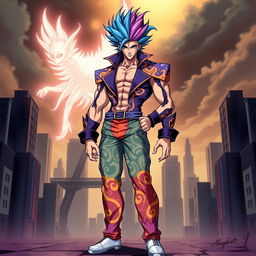 A striking original character inspired by JoJo's Bizarre Adventure, showcasing a unique and flamboyant fashion style characteristic of the series
