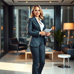 A full-length portrait of the beautiful and stunning Marina Laswick, dressed in a fitted men's three-piece business suit that showcases her curvy figure