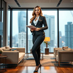 A full-length portrait of the beautiful and stunning Marina Laswick, dressed in a fitted men's three-piece business suit that showcases her curvy figure