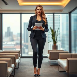 A full-length portrait of the beautiful and stunning Marina Laswick, dressed in a fitted men's three-piece business suit that showcases her curvy figure
