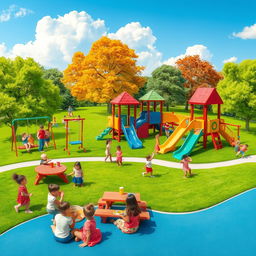 A vibrant and colorful playground filled with various activities for children of all ages