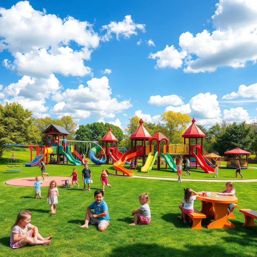 A vibrant and colorful playground filled with various activities for children of all ages