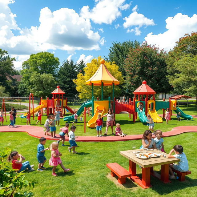 A vibrant and colorful playground filled with various activities for children of all ages