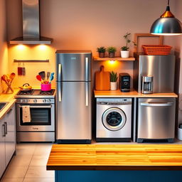 A vibrant, modern kitchen scene featuring a complete set of stylish household appliances