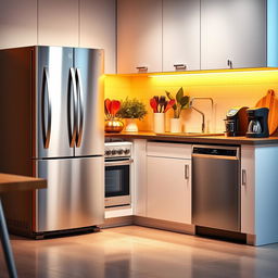 A vibrant, modern kitchen scene featuring a complete set of stylish household appliances