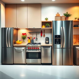 A vibrant, modern kitchen scene featuring a complete set of stylish household appliances