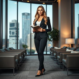 A full-length portrait of the beautiful and stunning Marina Laswick, dressed in a stylish, fitted men's three-piece business suit that perfectly contours her curves