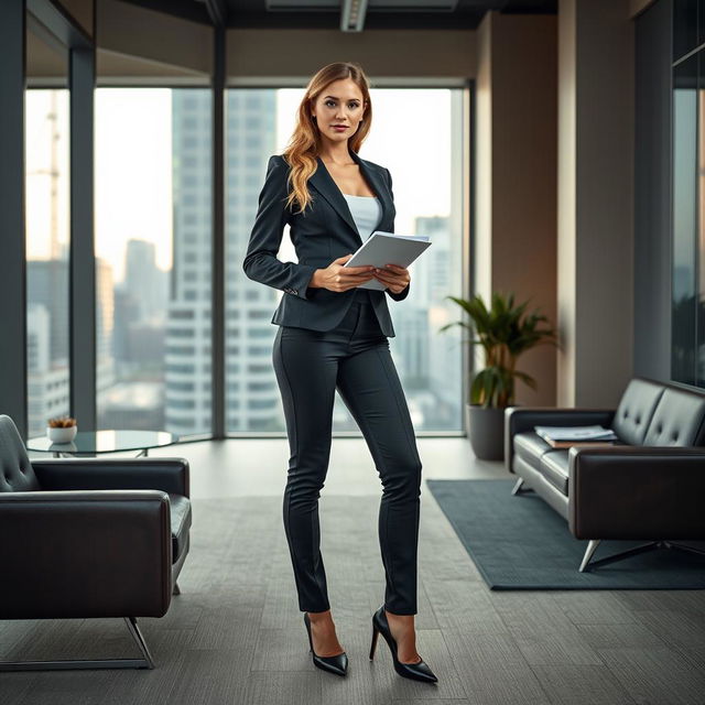 A full-length portrait of the beautiful and stunning Marina Laswick, dressed in a stylish, fitted men's three-piece business suit that perfectly contours her curves