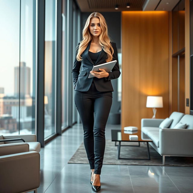 A full-length portrait of the beautiful and stunning blonde Marina Laswick, dressed in a fitted men's three-piece business suit that perfectly contours her figure