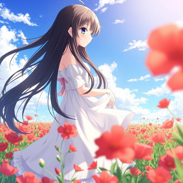 An anime girl with long flowing black hair wearing a delicate white dress, standing gracefully in a vibrant field filled with bright red flowers