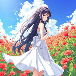An anime girl with long flowing black hair wearing a delicate white dress, standing gracefully in a vibrant field filled with bright red flowers