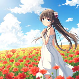 An anime girl with long flowing black hair wearing a delicate white dress, standing gracefully in a vibrant field filled with bright red flowers