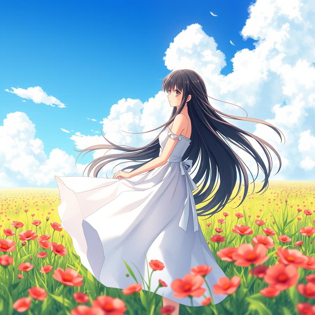 An anime girl with long flowing black hair wearing a delicate white dress, standing gracefully in a vibrant field filled with bright red flowers