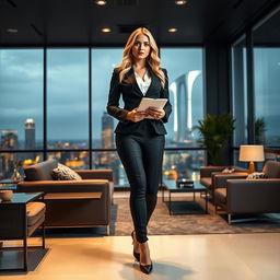 A full-length portrait of the beautiful and stunning blonde Marina Laswick, dressed in a tailored men's three-piece business suit that fits her figure perfectly