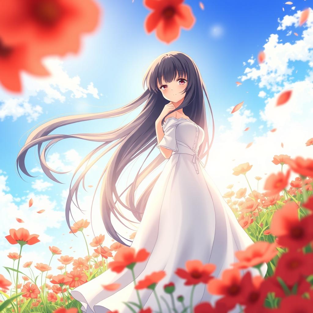 An anime girl with long flowing black hair, wearing an elegant white dress, standing gracefully in a vibrant field of red flowers under a bright blue sky