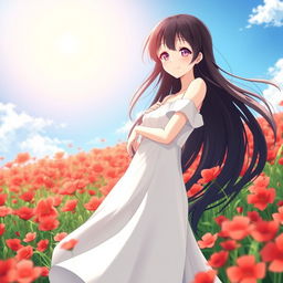 An anime girl with long flowing black hair, wearing an elegant white dress, standing gracefully in a vibrant field of red flowers under a bright blue sky