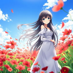 An anime girl with long flowing black hair, wearing an elegant white dress, standing gracefully in a vibrant field of red flowers under a bright blue sky