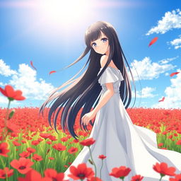 An anime girl with long flowing black hair, wearing an elegant white dress, standing gracefully in a vibrant field of red flowers under a bright blue sky
