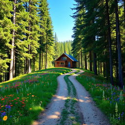 A picturesque forest cabin situated on a hilltop, surrounded by tall trees creating a lush green backdrop