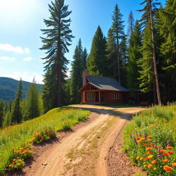 A picturesque forest cabin situated on a hilltop, surrounded by tall trees creating a lush green backdrop
