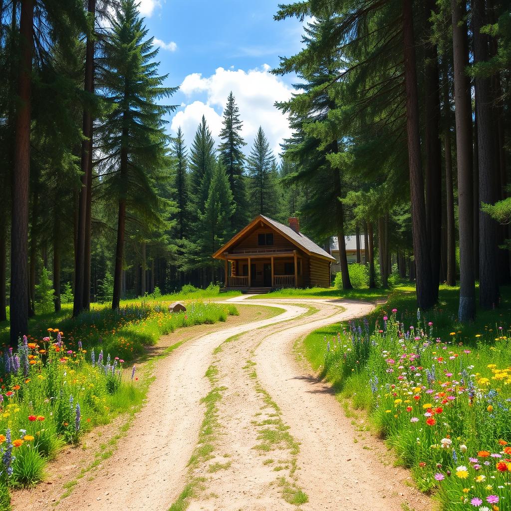 A picturesque forest cabin situated on a hilltop, surrounded by tall trees creating a lush green backdrop