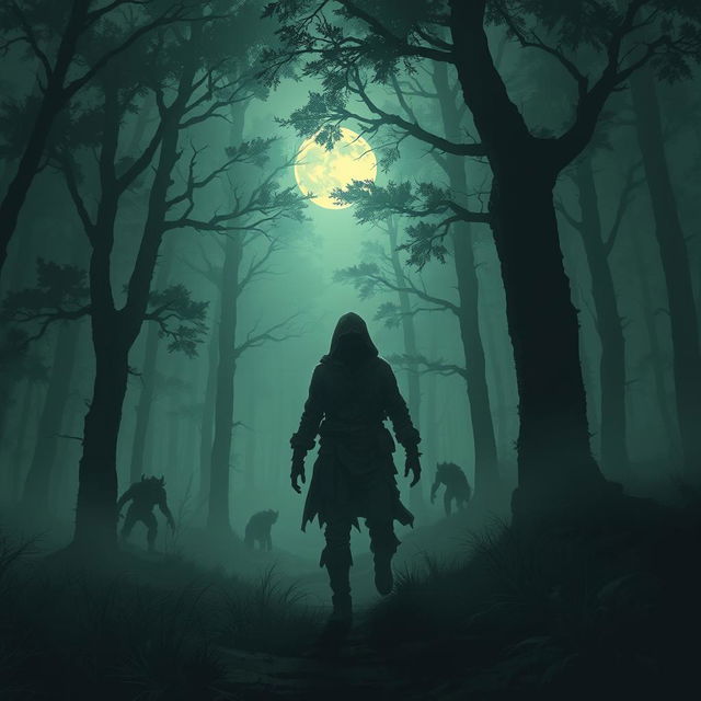 A wandering figure lost in a dark forest, surrounded by towering trees and thick mist, evoking a sense of mystery and adventure