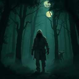 A wandering figure lost in a dark forest, surrounded by towering trees and thick mist, evoking a sense of mystery and adventure