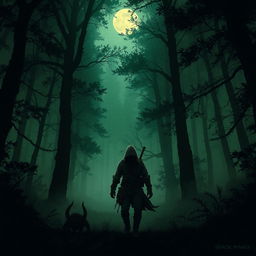 A wandering figure lost in a dark forest, surrounded by towering trees and thick mist, evoking a sense of mystery and adventure