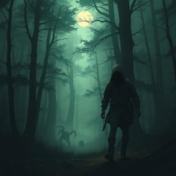 A wandering figure lost in a dark forest, surrounded by towering trees and thick mist, evoking a sense of mystery and adventure