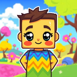 A stylized pixel art character, designed with vibrant colors and a playful expression