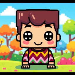 A stylized pixel art character, designed with vibrant colors and a playful expression