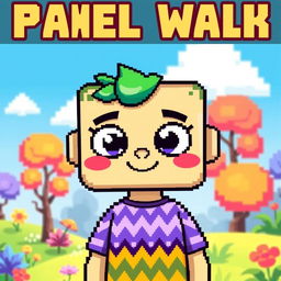 A stylized pixel art character, designed with vibrant colors and a playful expression