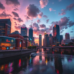 A vibrant city skyline at dusk, illuminated with colorful neon lights, reflecting on the glassy surface of a calm river in the foreground