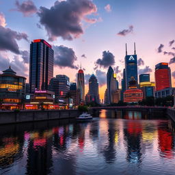 A vibrant city skyline at dusk, illuminated with colorful neon lights, reflecting on the glassy surface of a calm river in the foreground