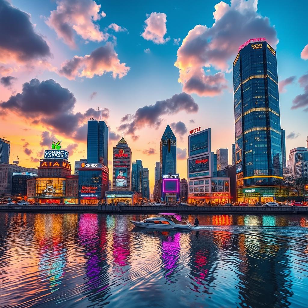 A vibrant city skyline at dusk, illuminated with colorful neon lights, reflecting on the glassy surface of a calm river in the foreground