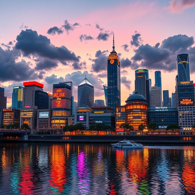 A vibrant city skyline at dusk, illuminated with colorful neon lights, reflecting on the glassy surface of a calm river in the foreground