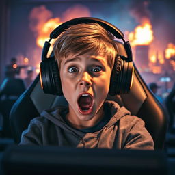 A highly detailed and vibrant image of a teenage boy sitting in a sleek, modern gaming chair, wearing oversized, powerful headphones
