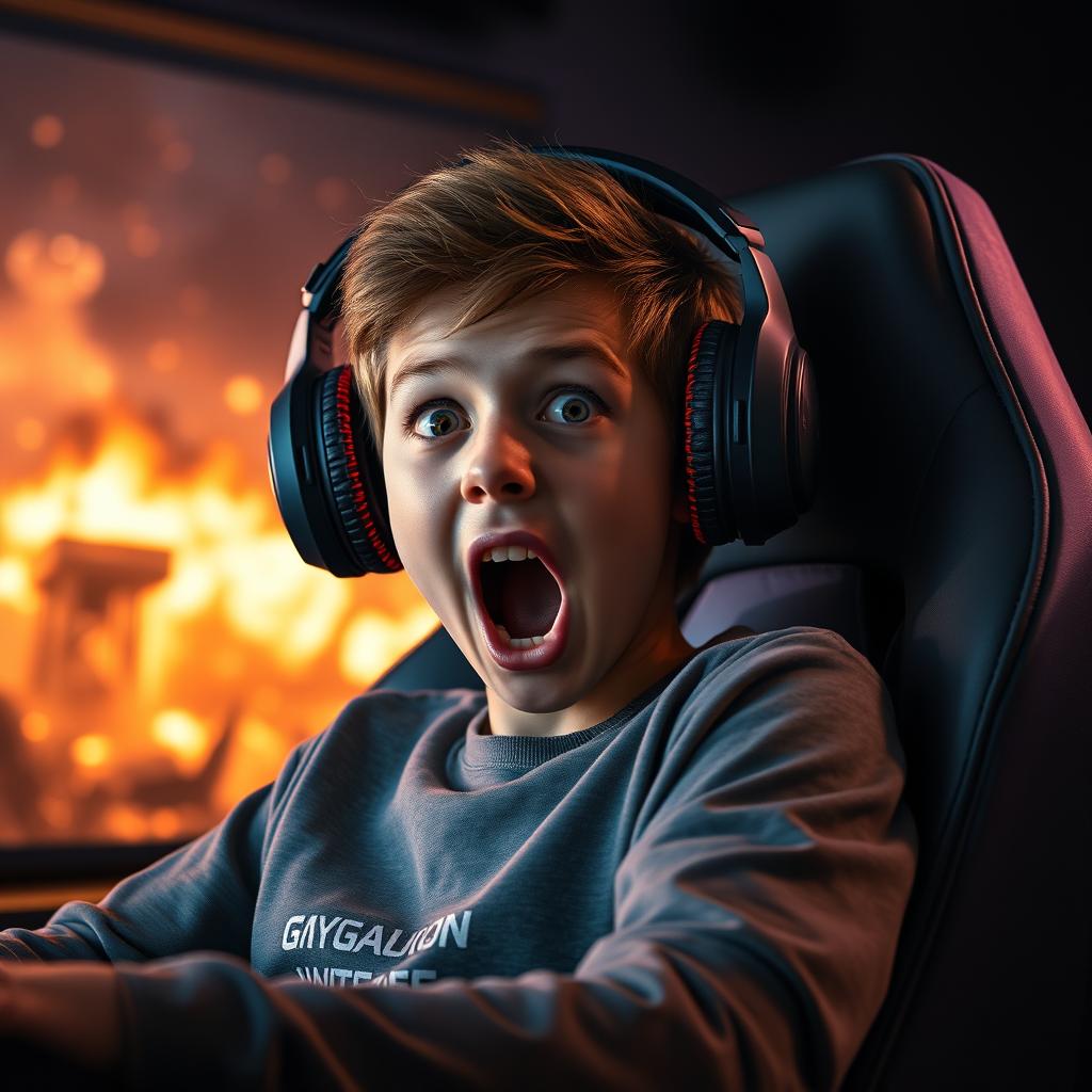 A highly detailed and vibrant image of a teenage boy sitting in a sleek, modern gaming chair, wearing oversized, powerful headphones