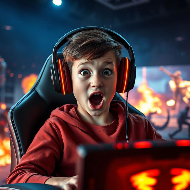 A highly detailed and vibrant image of a teenage boy sitting in a sleek, modern gaming chair, wearing oversized, powerful headphones