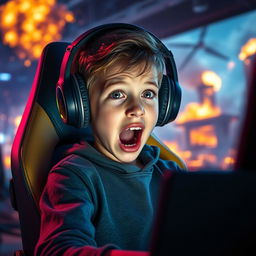 A highly detailed and vibrant image of a teenage boy sitting in a sleek, modern gaming chair, wearing oversized, powerful headphones