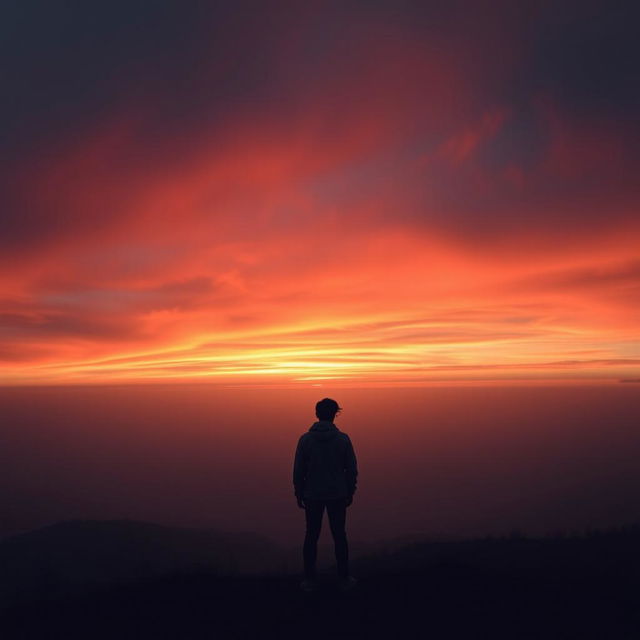 A solitary figure of a person standing on a hill, gazing at a vast sunset over an endless horizon