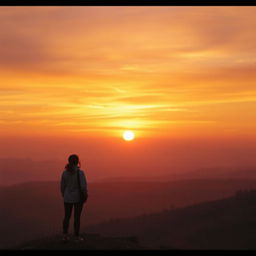 A solitary figure of a person standing on a hill, gazing at a vast sunset over an endless horizon