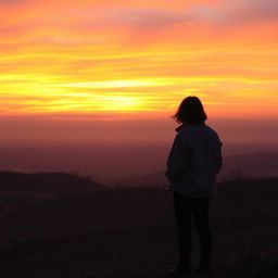 A solitary figure of a person standing on a hill, gazing at a vast sunset over an endless horizon