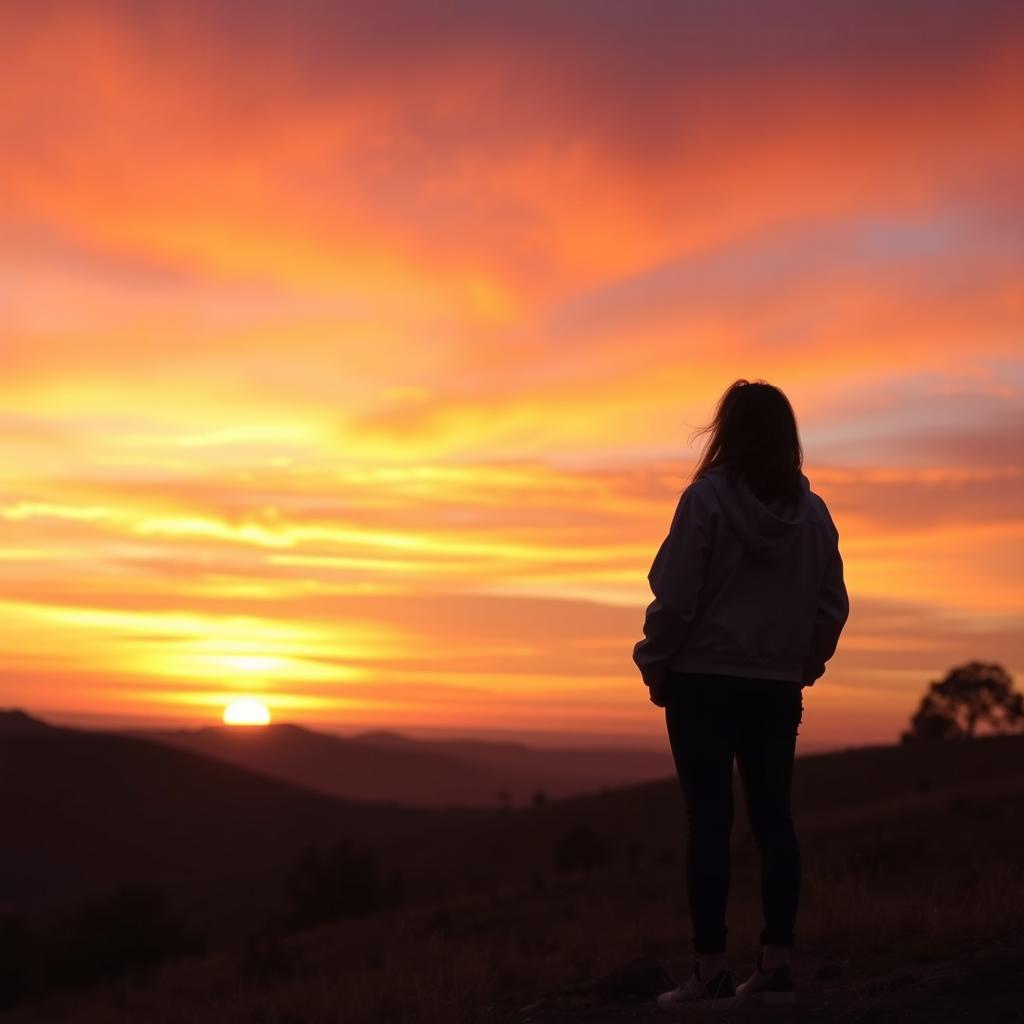 A solitary figure of a person standing on a hill, gazing at a vast sunset over an endless horizon