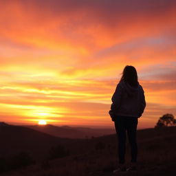 A solitary figure of a person standing on a hill, gazing at a vast sunset over an endless horizon