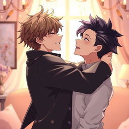 An anime style illustration featuring a handsome anime boy with tousled brown hair passionately engaging with another man with striking black hair styled back