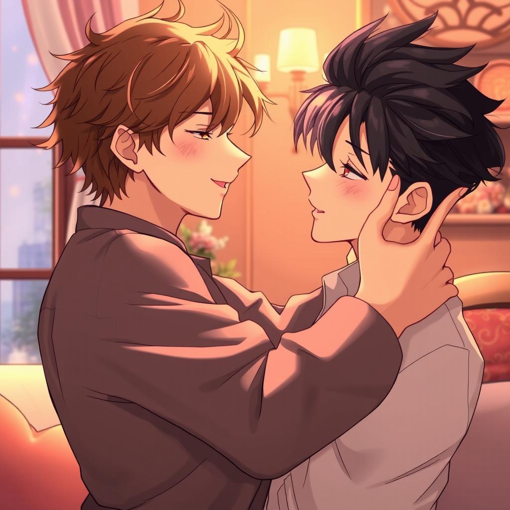 An anime style illustration featuring a handsome anime boy with tousled brown hair passionately engaging with another man with striking black hair styled back