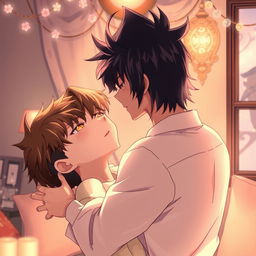 An anime style illustration featuring a handsome anime boy with tousled brown hair passionately engaging with another man with striking black hair styled back